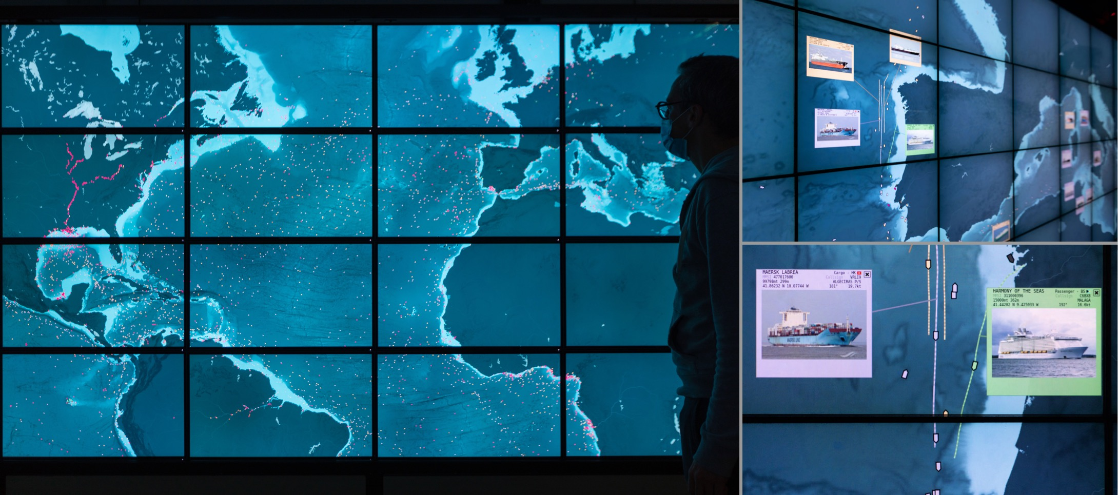 Three pictures of the WILD-512K ultra wall displaying data about ships on a map of the world, at varying levels of detail.