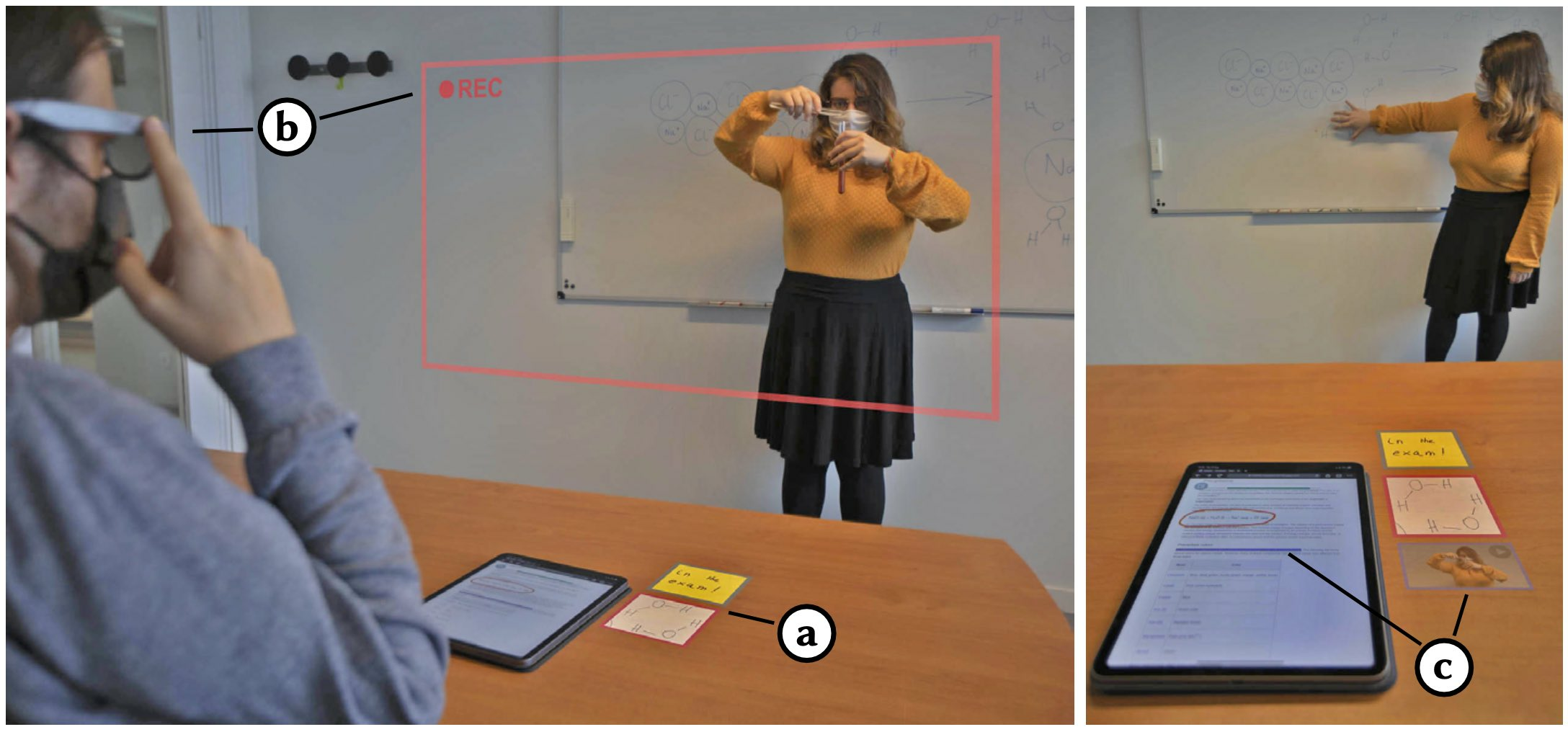 Two photos depicting a student seated at a desk, wearing smartglasses, and watching a Professor perform a chemistry experiment. A tablet lies on the desk in front of the student. Virtual content is displayed next to the tablet as well, thanks to the smartglasses' AR display capabilities.