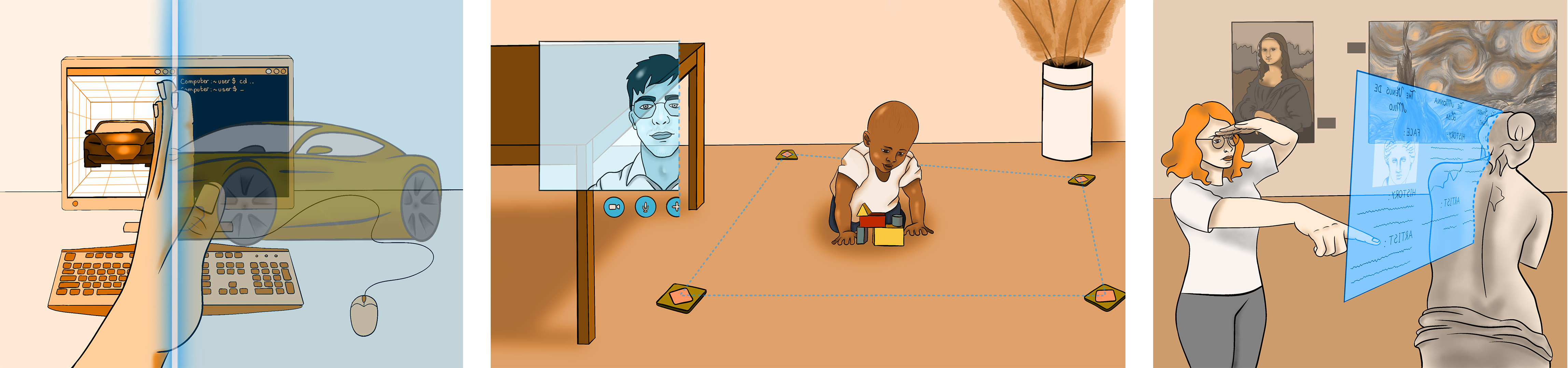 Three illustrations showing three different examples of interaction for activating de-augmentation. The first illustration is a different environment from the perspective of the wearer of the AR headset. It shows a real desktop screen and the augmented content of a virtual car. The AR user has made a swipe gesture from left to right in front of their field of view - this has resulted in part of their field of view to be de-augmented. The second illustration shows a AR scene from the perspective of the wearer of the AR headset. Here the AR user has placed real physical tokens around their baby playing on the floor, which has created a de-augmentation volume around their baby. The third illustration is seen from the third perspective - we see a user wearing an AR headset in a museum. By pointing with one hand and putting her other hand on her forehead, as if shading her eyes, the AR user has chosen to de-augmented a physical statue.