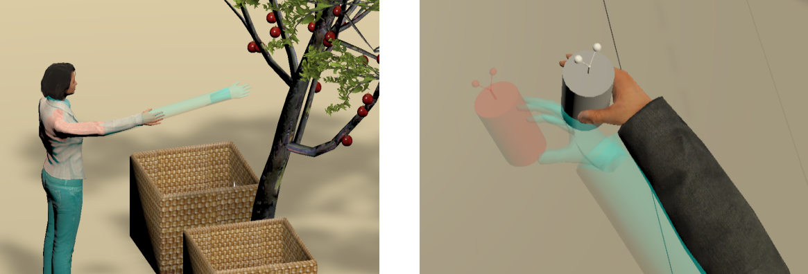 Illustration of two types of dual body representation studied in this work . On the left image, a ghost representation enables remote manipulation while a realistic co-located representation provides feedback with respect to the real user's position. On the right image, a ghost representation provides feedback with respect to the user's real position while a realistic representation enables precise manipulation with the environment thanks to slowed motion.