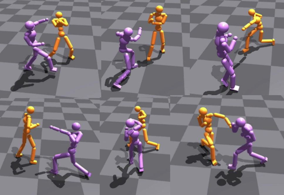  Simulated shadowboxing interactions between two physics-based characters.