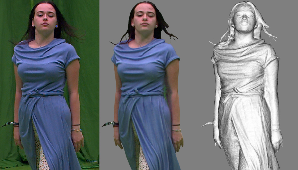 Typical results of our method: input image (left),
colored mesh (center), geometry (right)