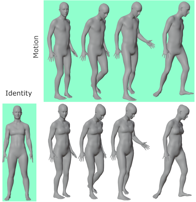 Given (in green) a shape identity and a shape motion sequence our spatio-temporal approach transfers the identity onto the motion sequence yielding a new sequence (bottom row)