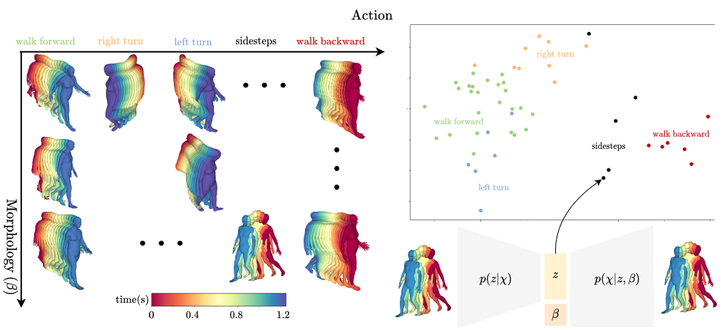 We learn a latent motion space from multi-frame 4D sequences. Left: Training sequences consist of different
motions performed by different subjects (color-coded as shown in legend). Bottom right: Encoder-decoder architecture
learns a latent motion space that encodes a motion sequence into a latent vector. Top right: Structured latent space. Plot shows subset of 51 motions, manually labelled by action, in 2D projection of latent space. Actions form clusters.