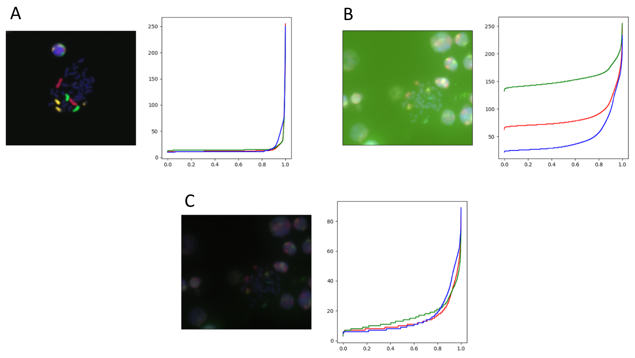 Multi-channel iFISH mages and corresponding 1000-quantiles for each channel. The first image (A) is the template used for quantile regression, and the last two images are an example of texture correction, (B) before and (C) after.
