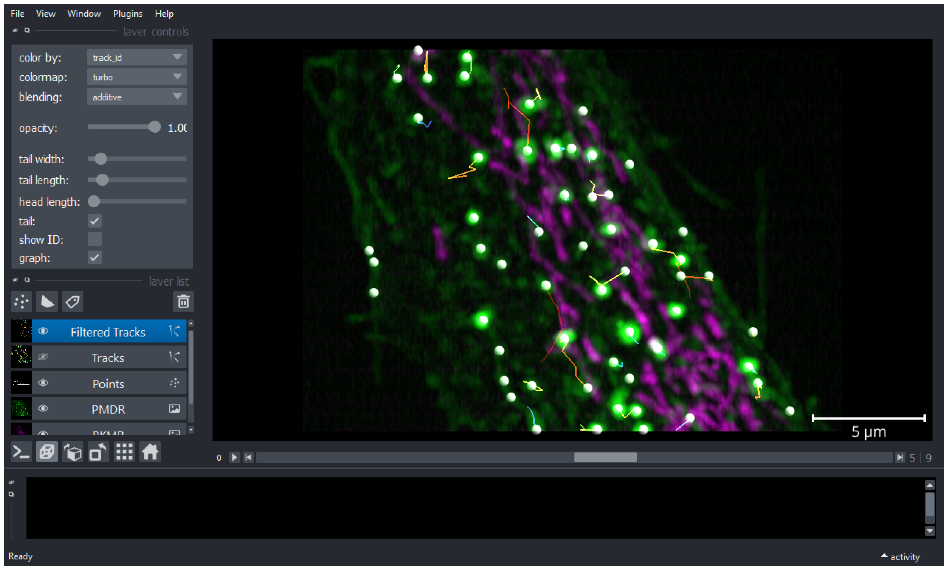 STracking library implemented in its napari plugin. Fifty-five planes 3D volumes of live RPE1 cells double stained with PKMR for Mitochondria (magenta) and with plasma membrane deep red (PMDR) for endosomal pathway (green) were acquired within 4.3 s per stack using Lattice light-sheet Structure Illumination Microscopy (LLS-SIM). STracking is illustrated here with single particle tracking of endosomal pathway (PMDR). 3D data and tracks are rendered using napari viewer.