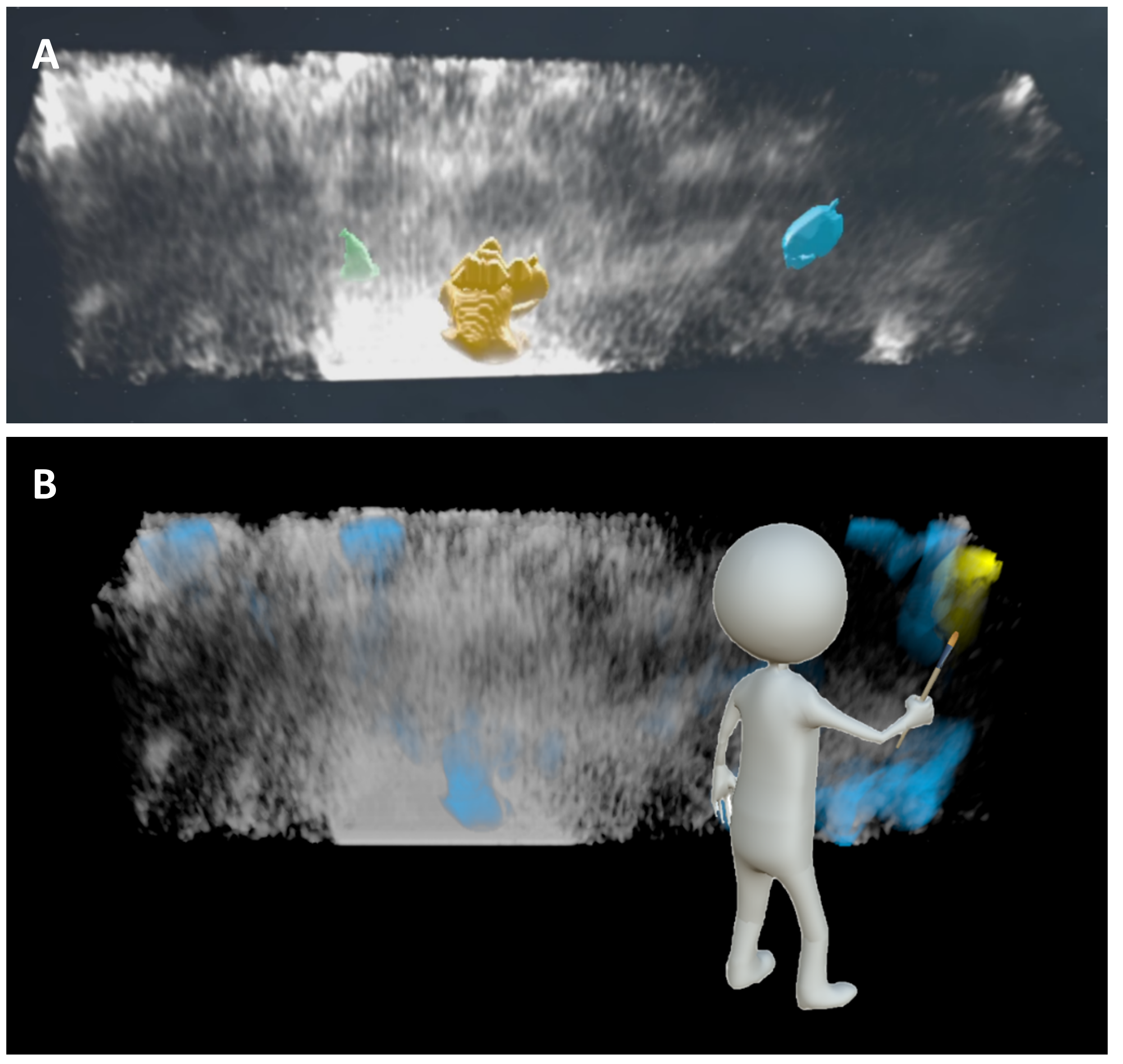 Selection in VR of temporally short elements in 3D temporal microscopy data. (A) Visualization of simulated calcium signals (in color) in a LLSM recording of an astrocyte (grey). (B) The user selects a 3D zone through a brushing interaction in the calcium signal density map (blue) to designate a specific object.