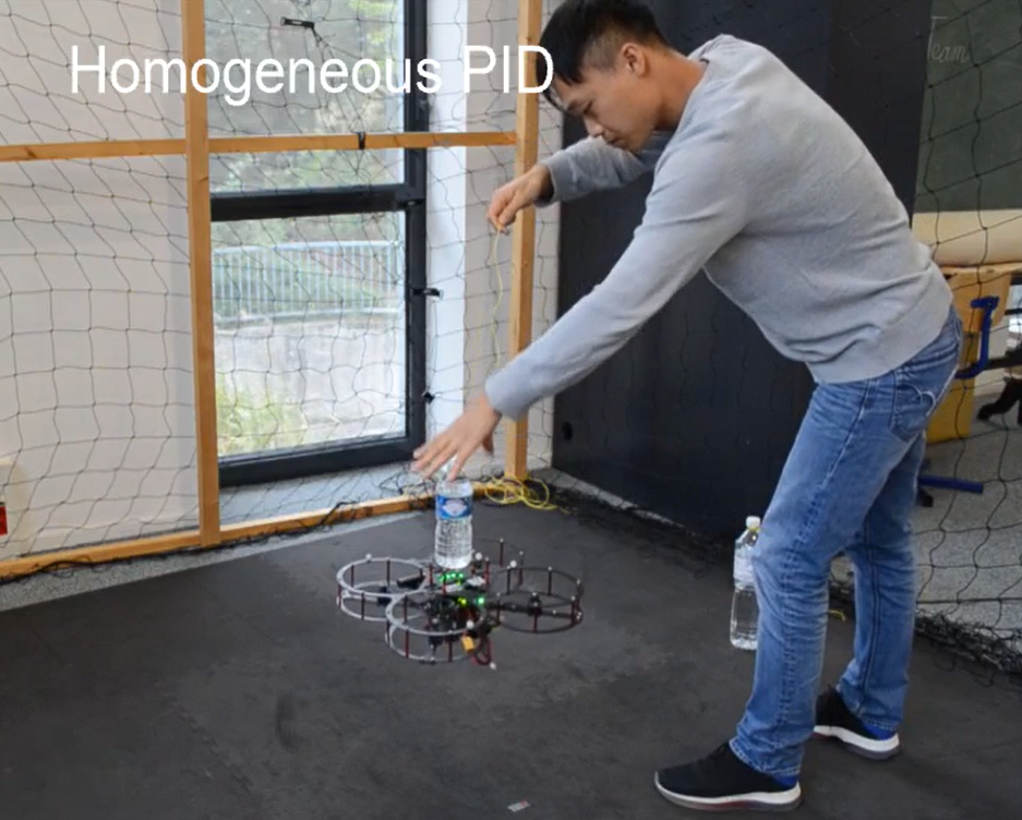 Blimp and quadrotor robots: 1) Photo of blimp robot, big ball with helium with a small computer at the bottom. 2) S. Wang placing a bottle of water on the flying drone