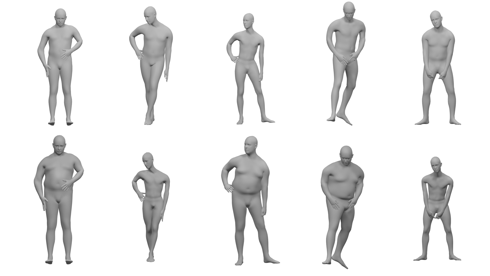 Human characters with varying morphologies performing poses with several self-contacts. Characters with similar poses but different body shapes (columns) can have slightly different spatial relationships between body segments, in particular self-contacts (e.g., contact between the left arm and the flank appearing for the middle characters). In this work  we explore which self-contacts are important to the meaning of the pose independently from other parameters such as body shape.