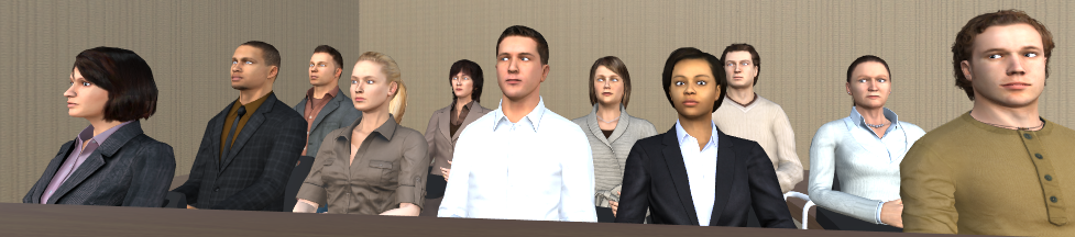 The stare-in-the-crowd effect describes the tendency of humans in noticing and observing, more frequently and for longer time, gazes oriented toward them (directed gaze) than gazes directed elsewhere (averted gaze). This work analyses the presence of such an effect in VR and its relationship with social anxiety levels. The figure above shows an example of the user's view during our experiment. All agents, except the woman in the front row wearing a black jacket, have their gaze averted.